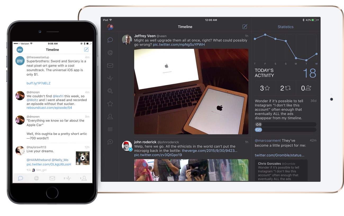 Tweetbot 4 on iPad Air 2 and iPhone 6s Plus