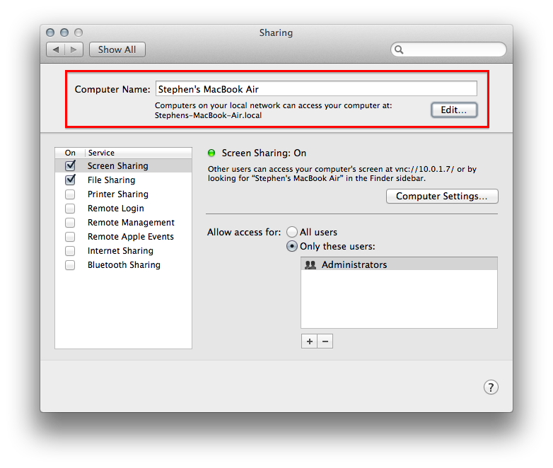 Sharing preference in OS X