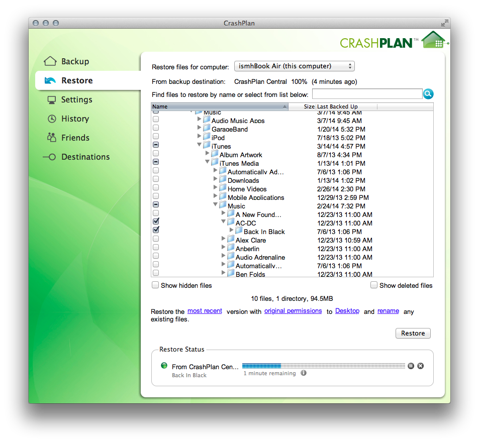 CrashPlan's in-app file restore