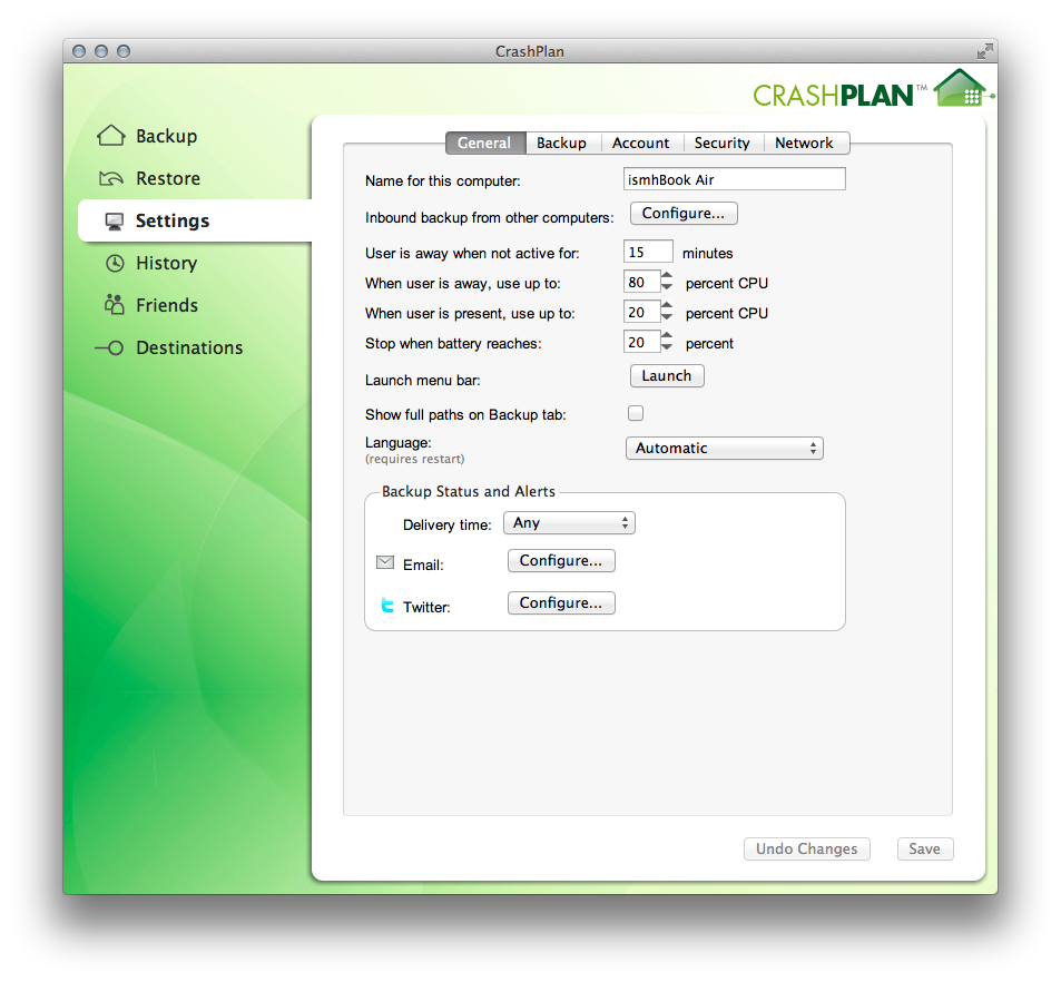 CrashPlan has a lot of settings