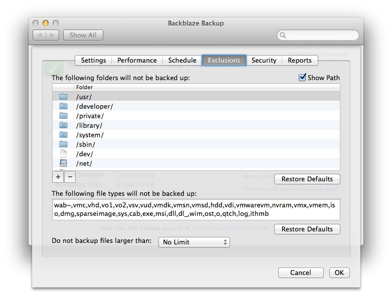 Excluding folders and directories from the Backblaze backup list