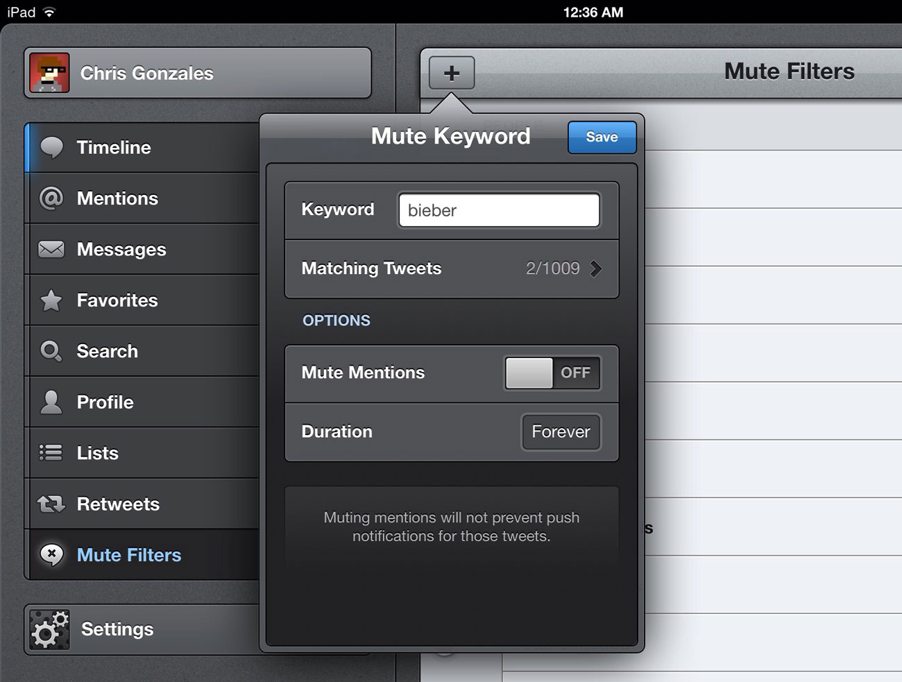 Tweetbot — "Mute Keyword" Menu