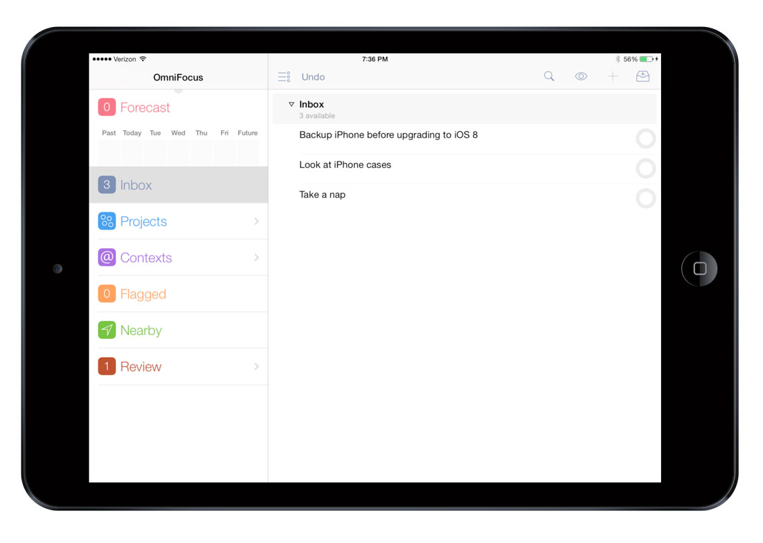 OmniFocus 2 for iPad inbox view