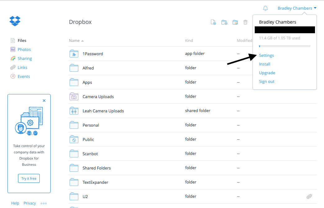 Dropbox settings menu