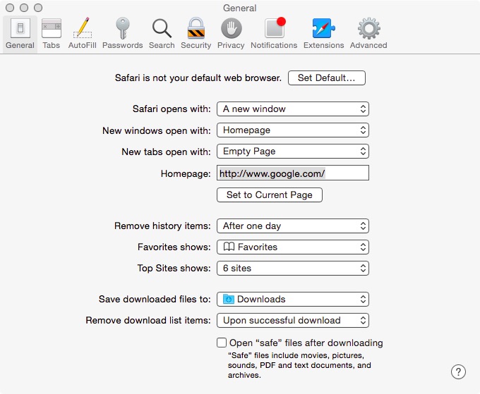 Safari homepage settings