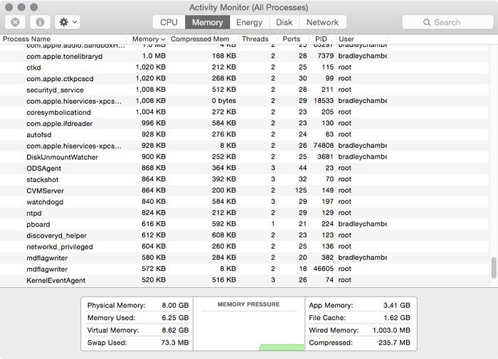 Memory tab of Activity Monitor