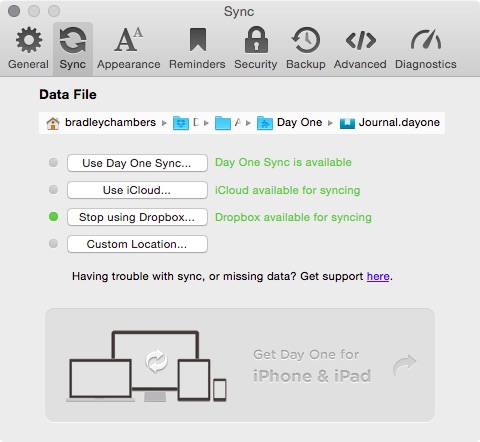 Day One OS X sync settings 1