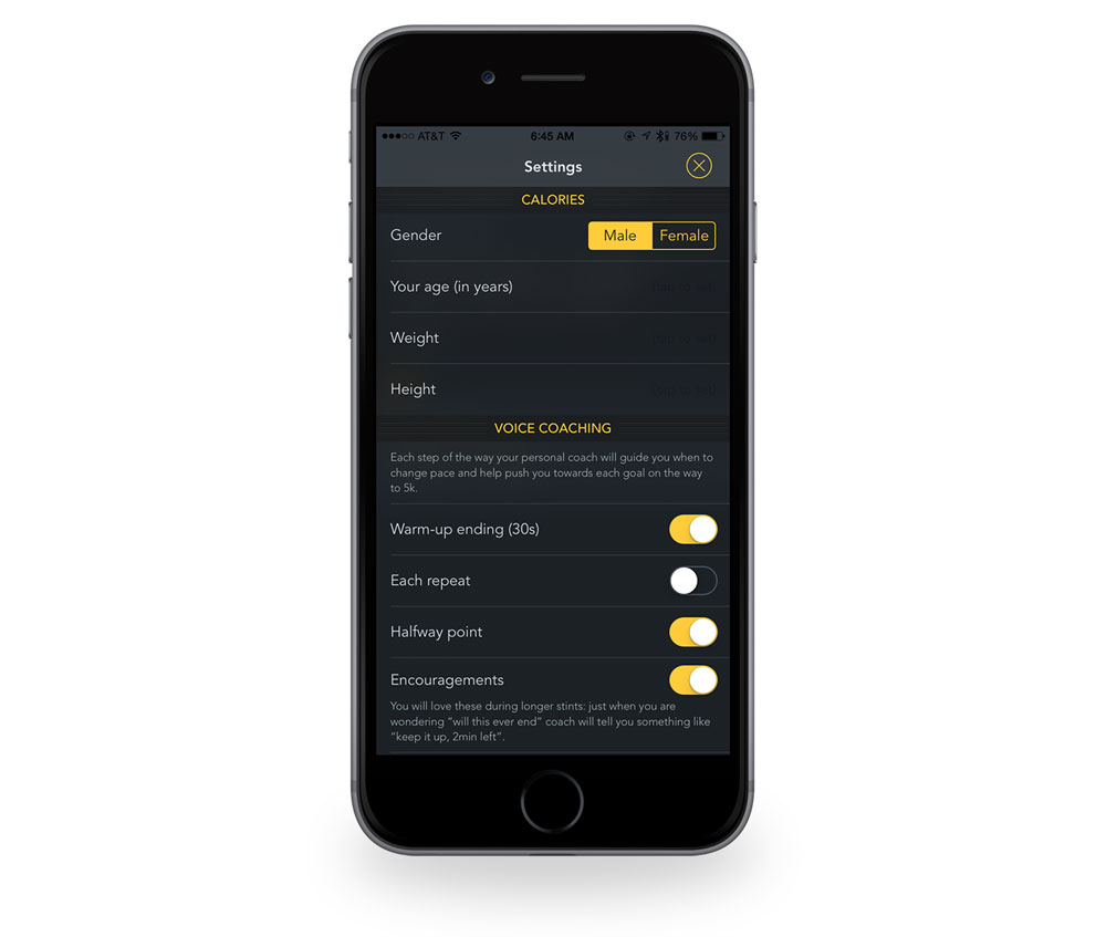 Couch to 5k app: settings