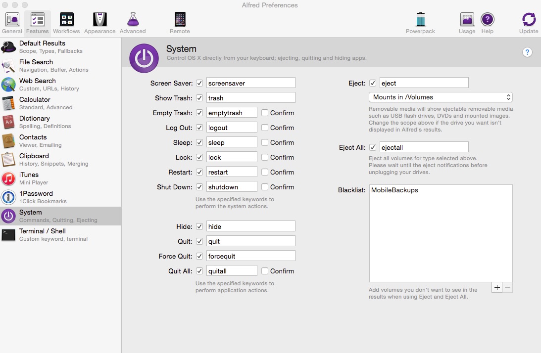 Alfred System settings