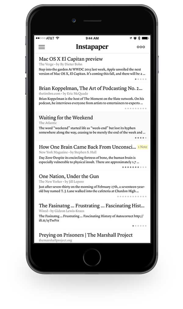 Instapaper iPhone table of contents