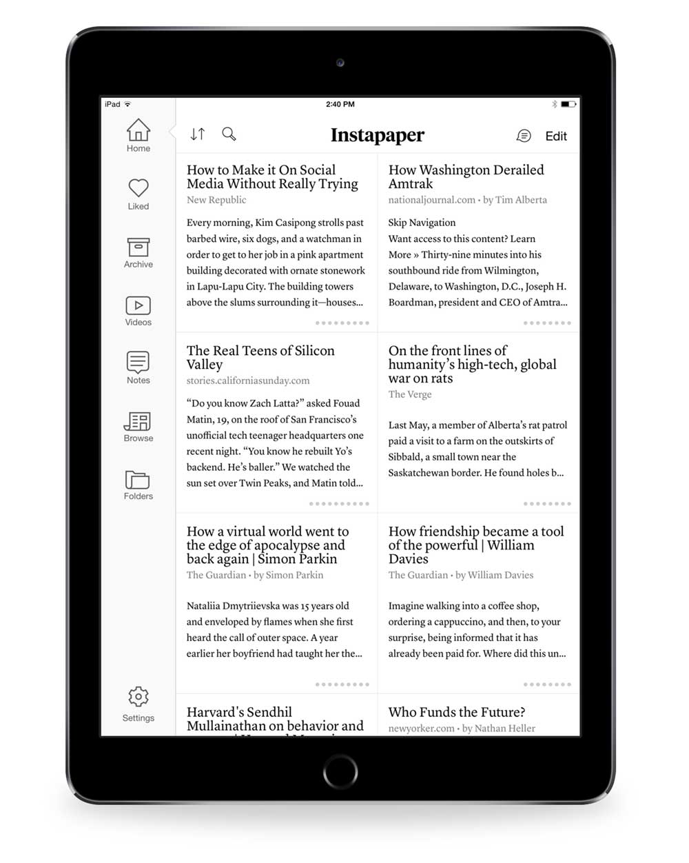 screenshot 2 Instapaper iPad table of contents