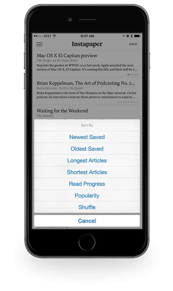 Instapaper article sorting options