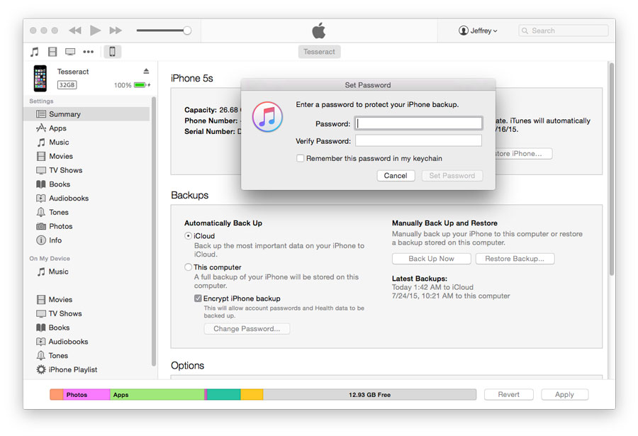 Encrypt iTunes backup