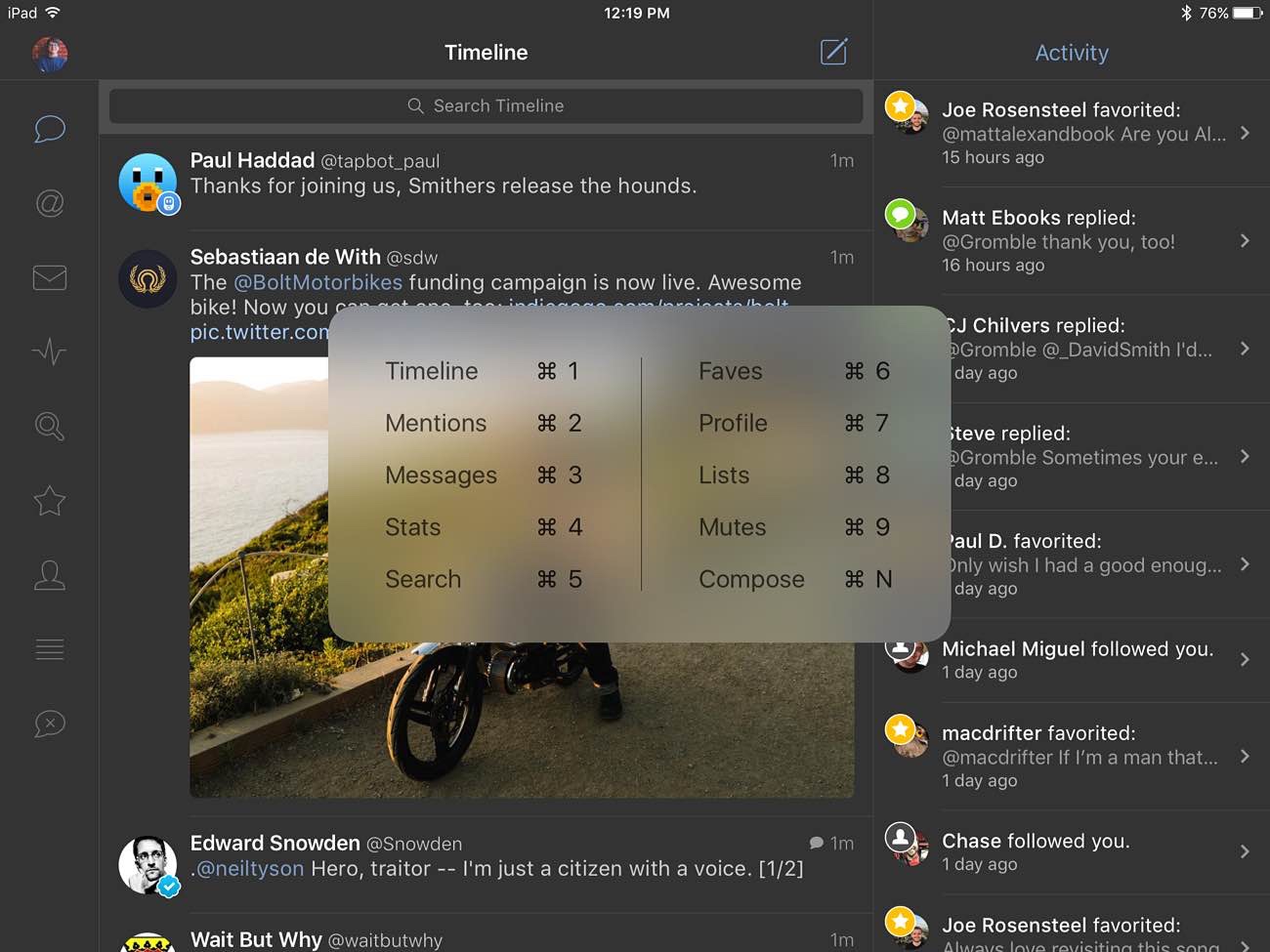 Keyboard shortcuts in Tweetbot 4