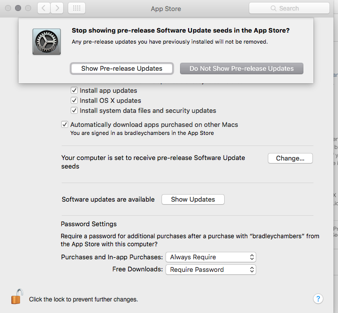OS X public beta program settings