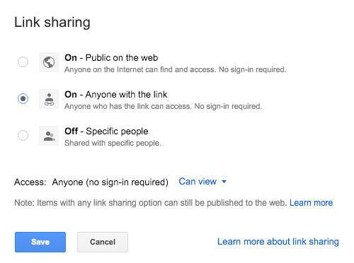 Sharing options in Google Docs