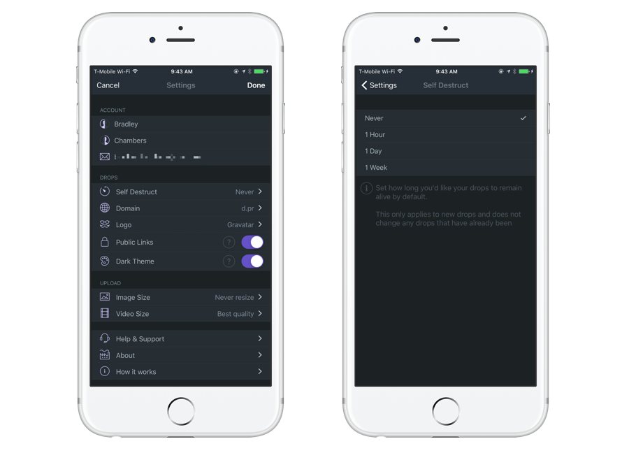 Droplr Self Destruct options on iOS