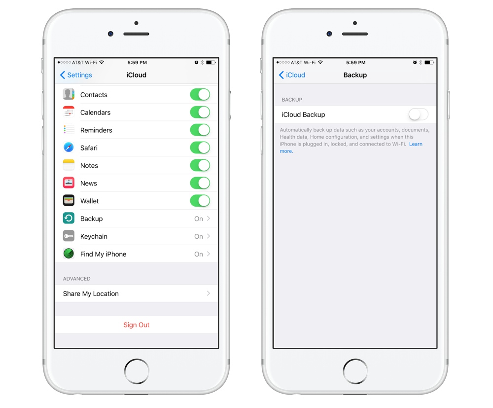 Turn off iCloud backups