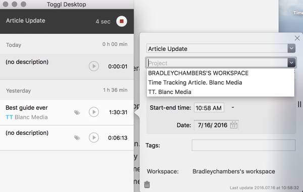 Toggl on Mac