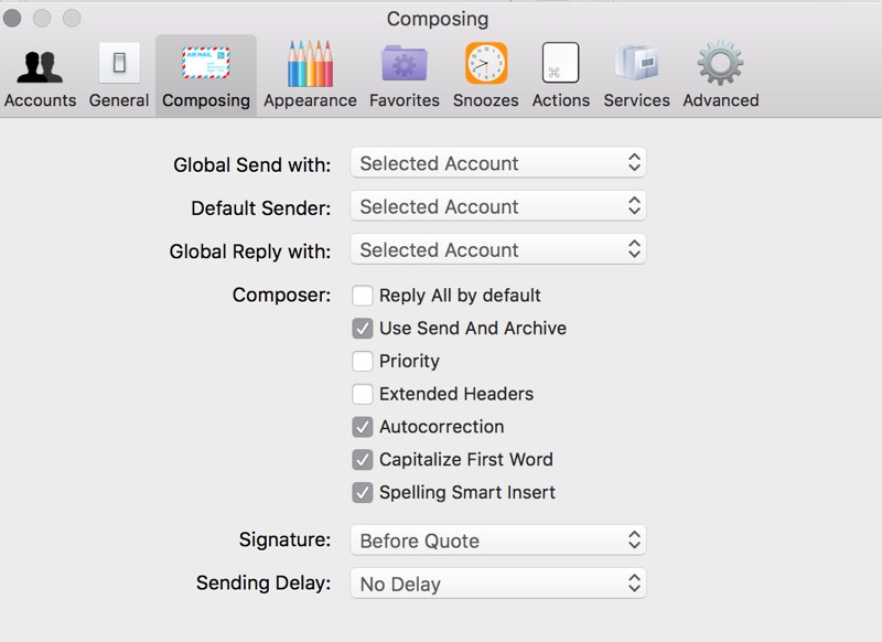 Airmail default account sending preferences