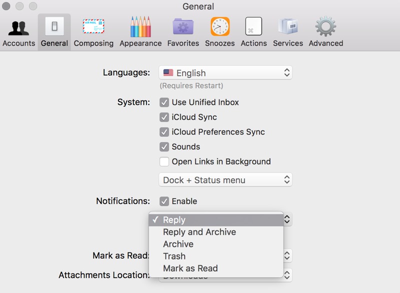 Airmail General Notifications settings