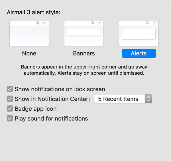 Notification Center settings for Airmail