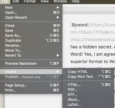 Byword Export menu