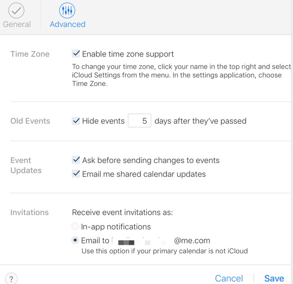 iCloud calendar settings