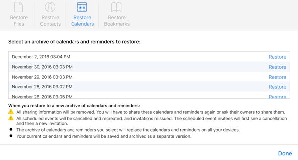 iCloud Restore Calendars