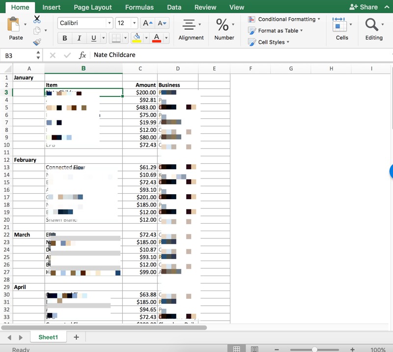 Expense organization in Excel
