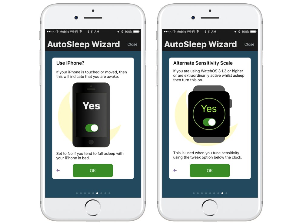 AutoSleep setup screens