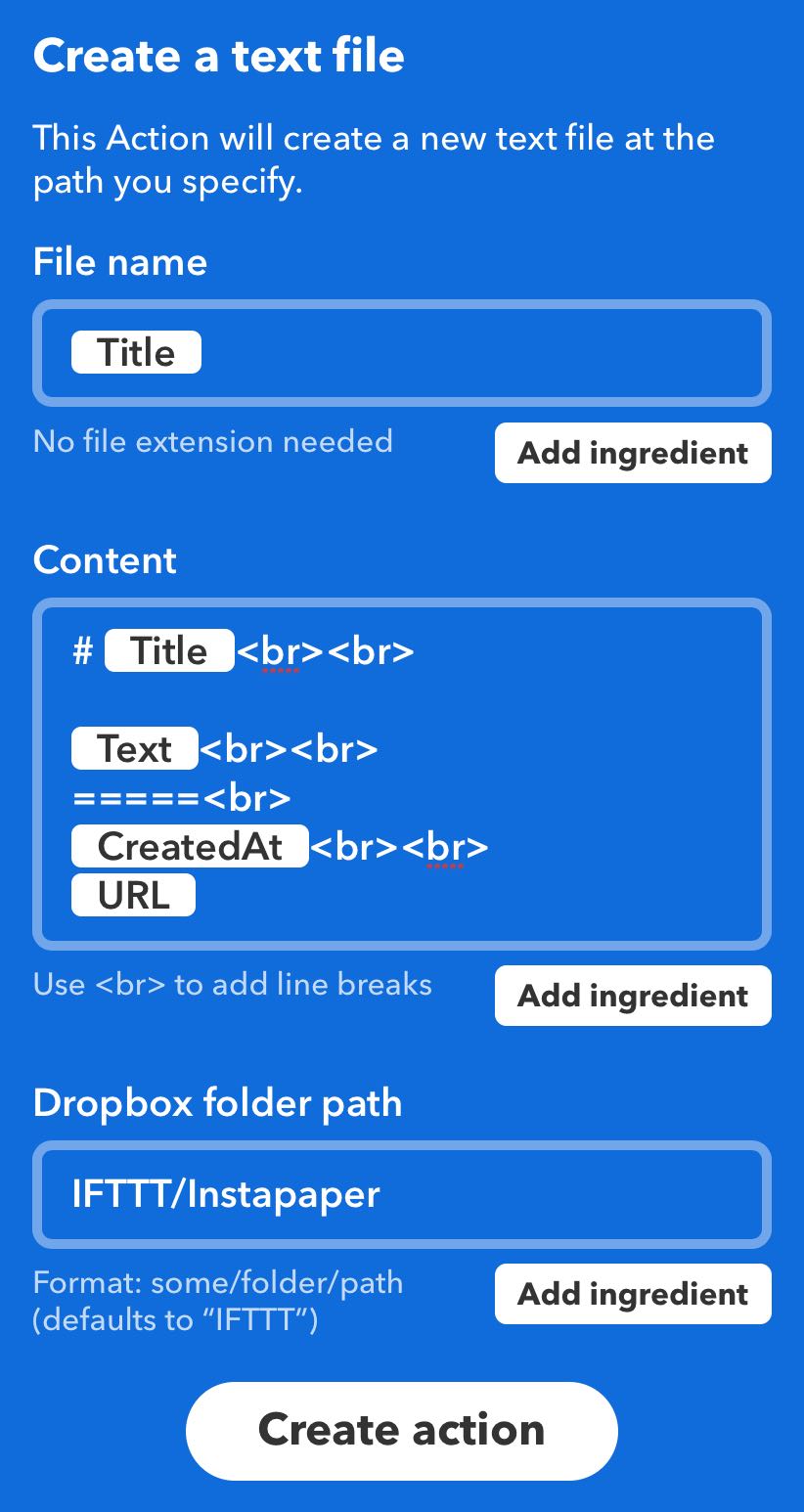 IFTTT recipe for sending Instapaper highlights to a new file in a Dropbox folder