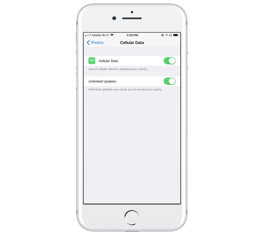 iCloud cellular settings in iOS 11