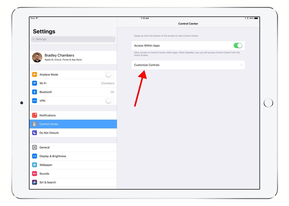 iPad Control Center settings