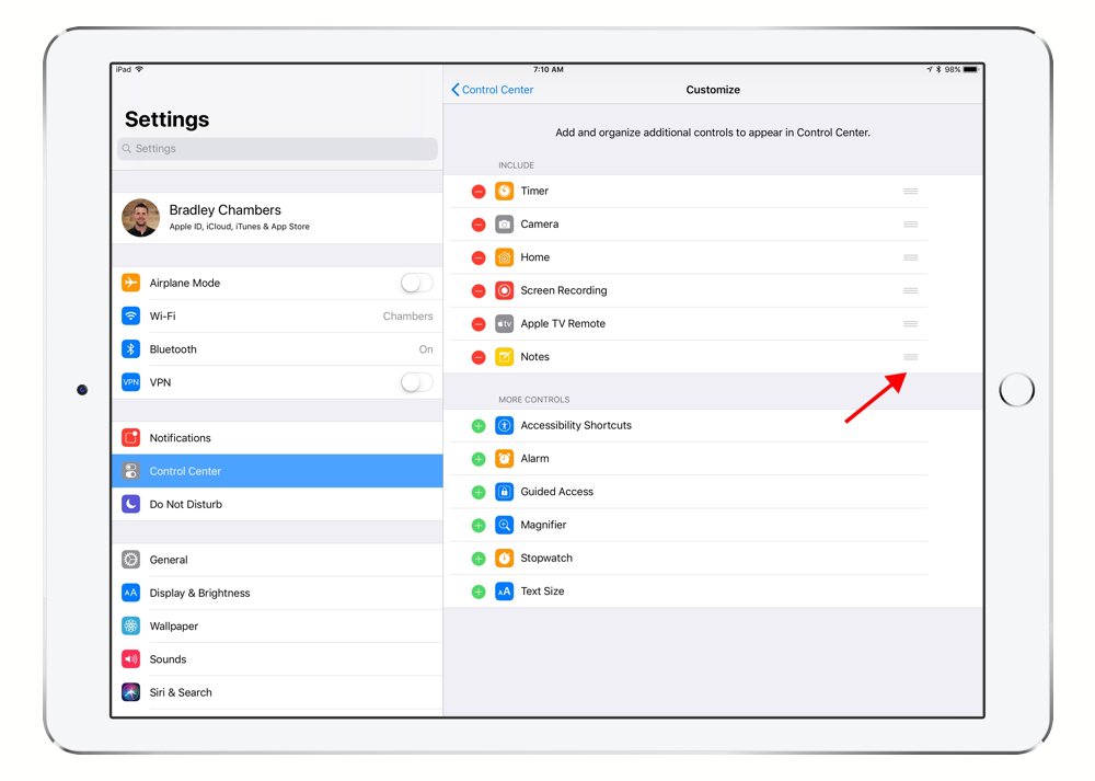 iPad Control Center settings