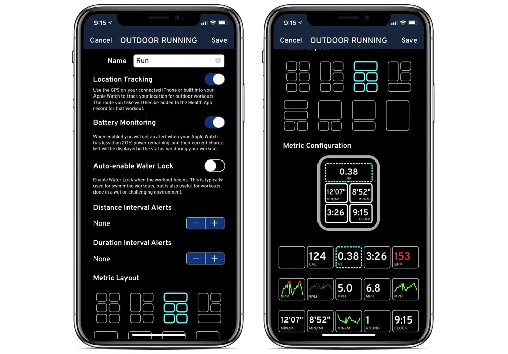 Workouts++ configuration screens