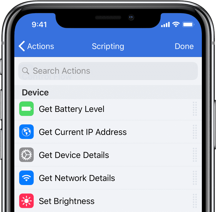 The device detail actions available in Workflow for iOS.
