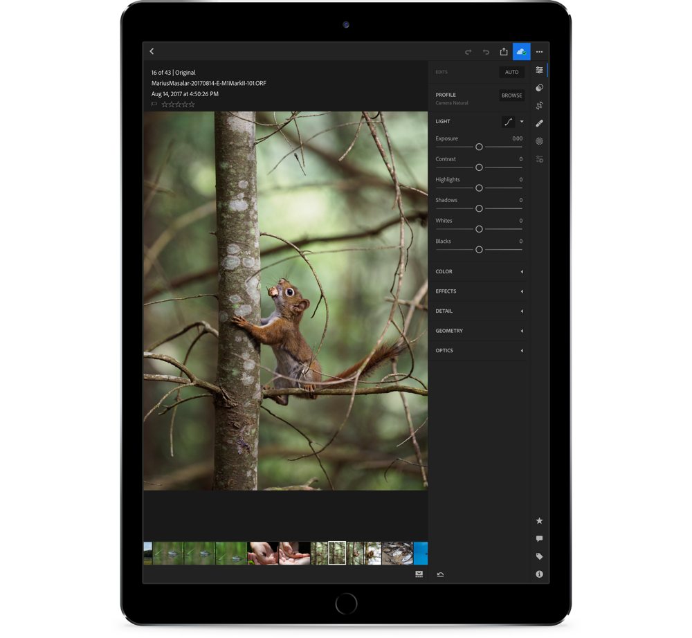 Lightroom CC iPad shot with sidebar unfolded