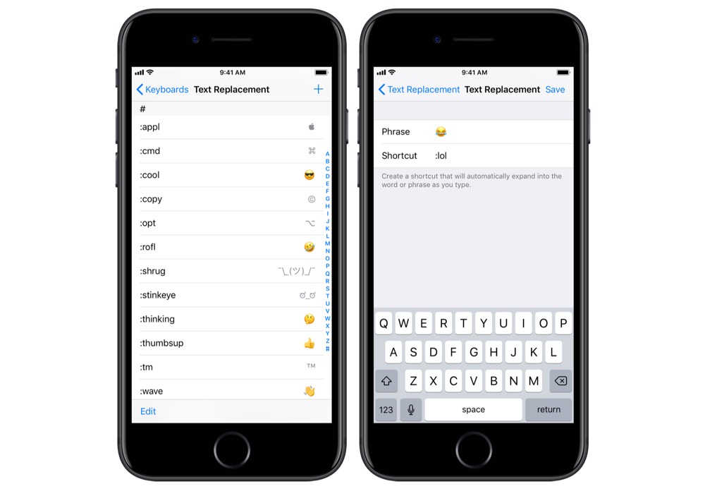 Text replacements in iOS