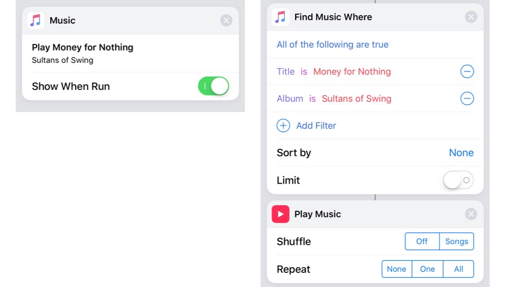 Siri's suggested action for playing a particular song, one small action which cannot be edited; using Shortcuts to play a specific song requires two actions, a find music and a play music