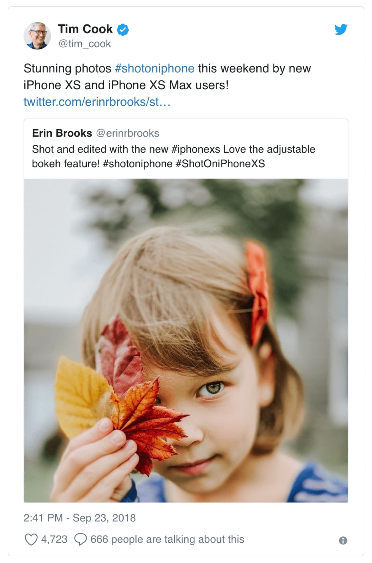 Erin Brooks Tim Cook Twitter iPhone XS Portrait Shot Adjustable Bokeh