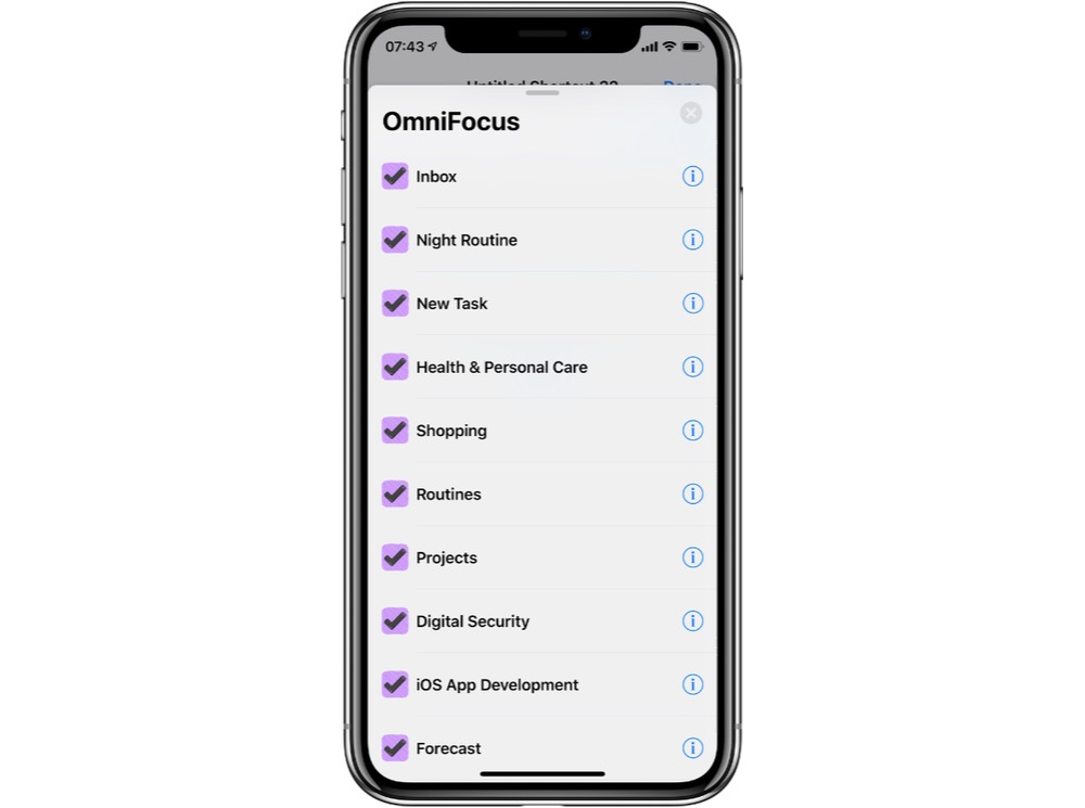 Some example OmniFocus Shortcuts available in the Shortcuts App