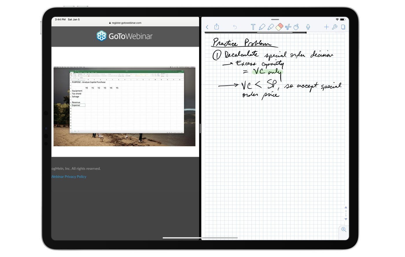 iPad w widoku podzielonym z Notability i WebEx
