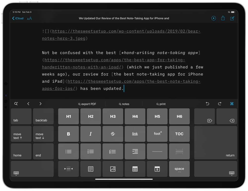 iA Writer dark mode and Markdown keyboard
