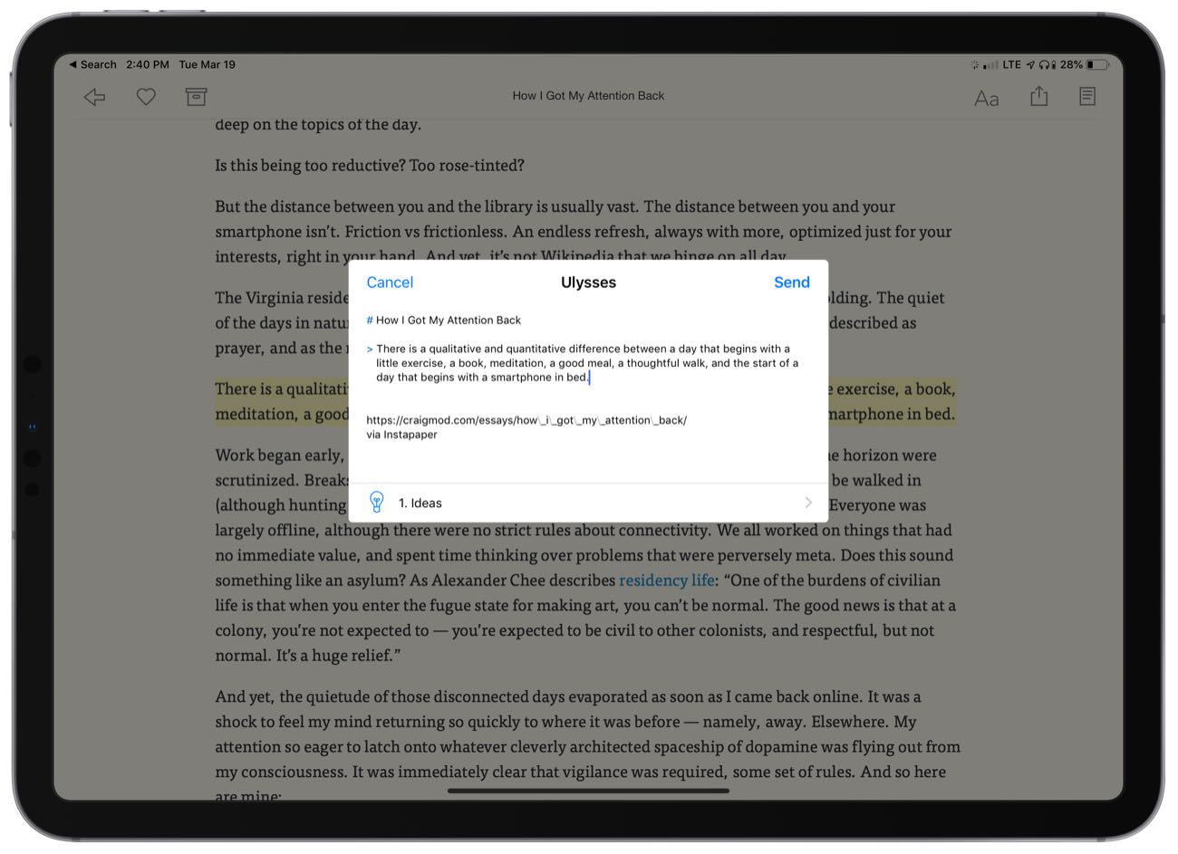 Ulysses Share Sheet in Instapaper