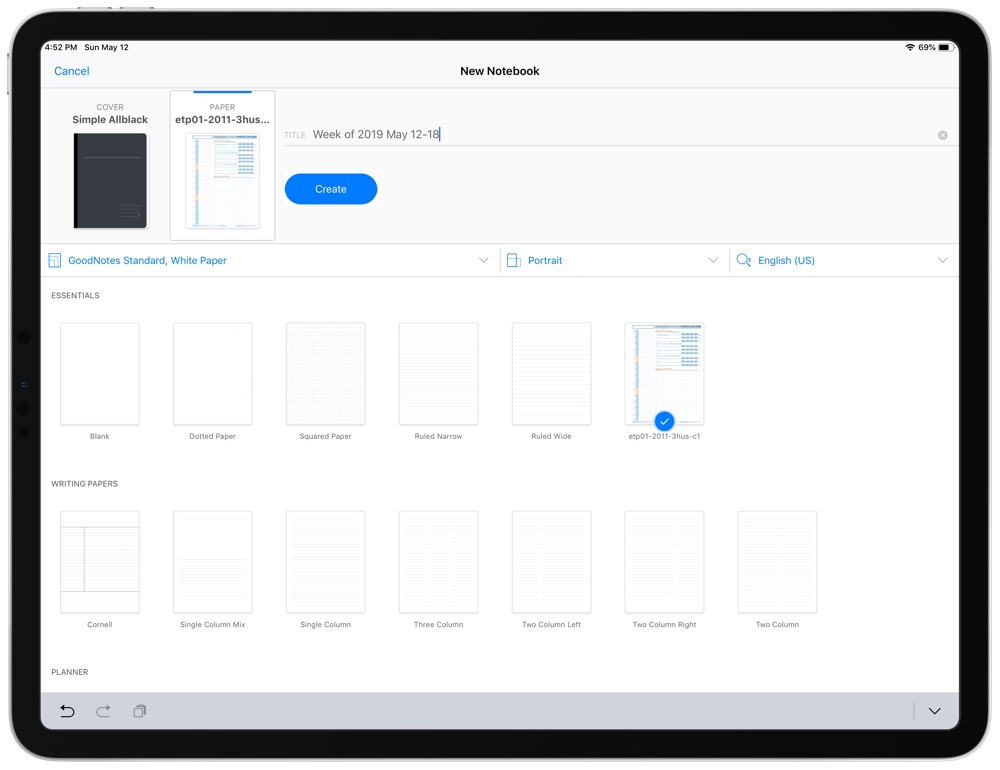 Creating a new notebook with GoodNotes