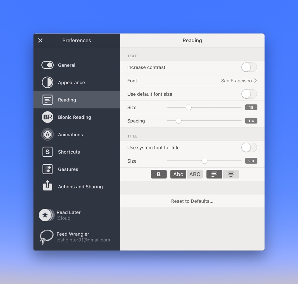 Reeder's Reading settings