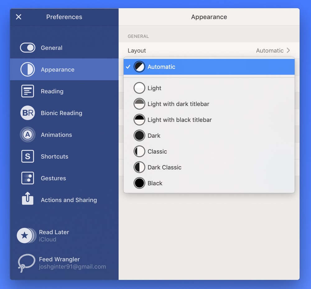 Reeder's Appearance settings
