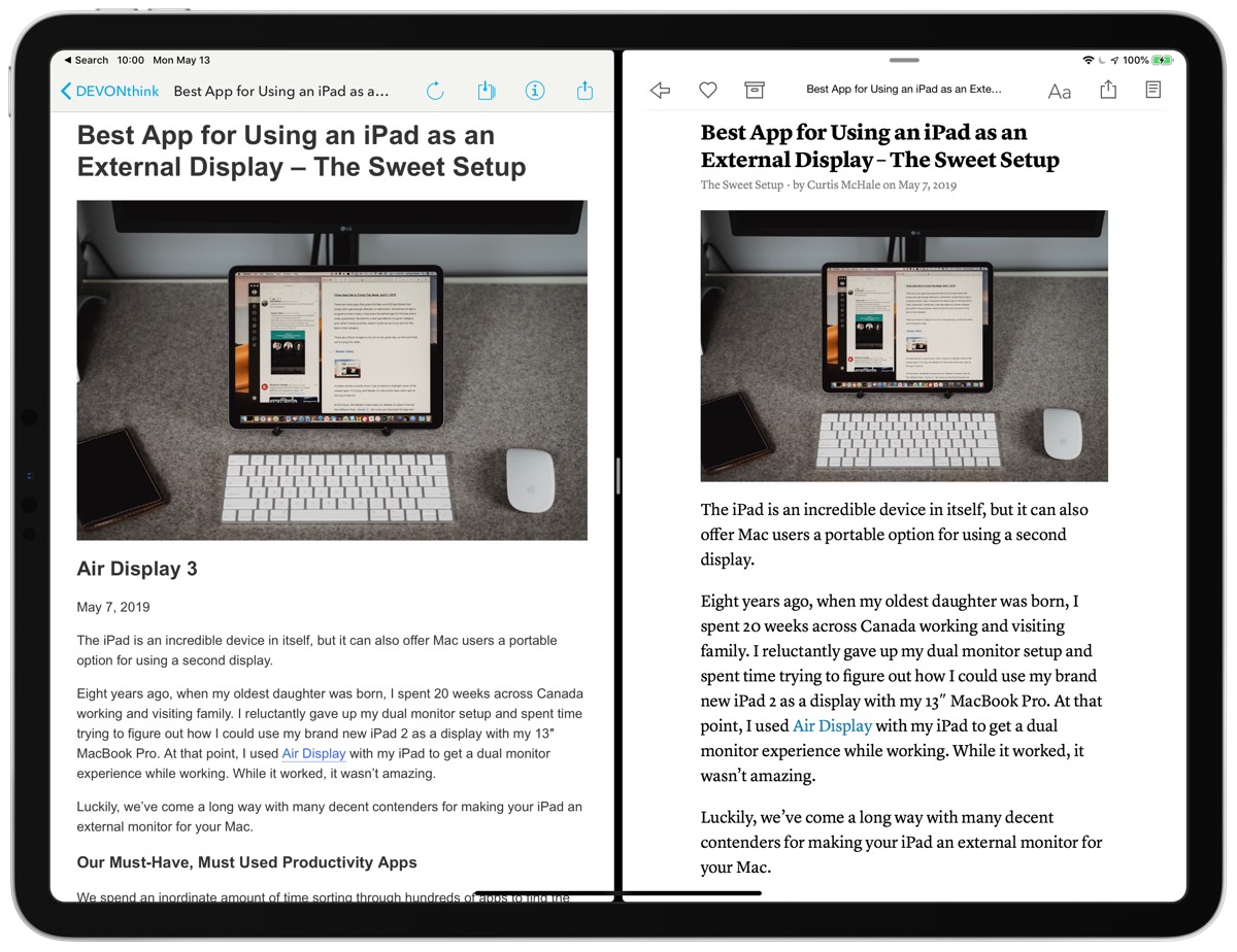 DEVONthink on left Instapaper on right