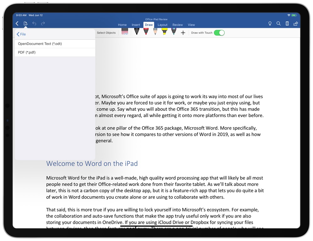 Export options in Word for iPad